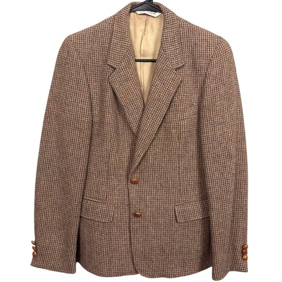 Vintage Titus MacDuff Brown Tweed Wool Blazer Leather Buttons Satin Lined - Picture 1 of 11